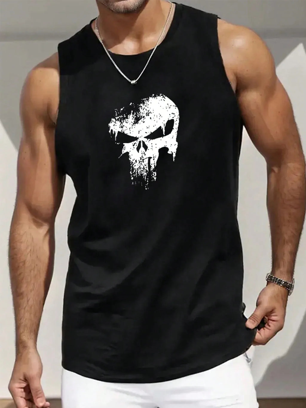 Men's Black Sleeveless Tank Top Distressed Skull
