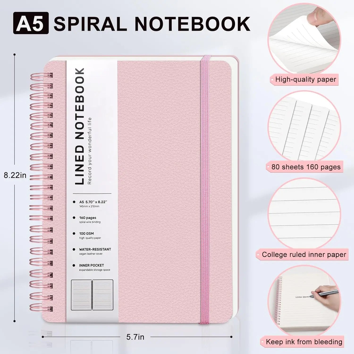 Pink Lined Spiral Notebook, 160 Pages